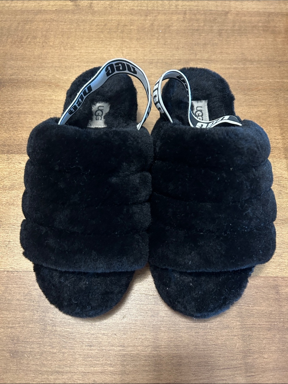 UGG Black Plush Slide women Sandals with Branded Elastic Heel Strap Size 8W